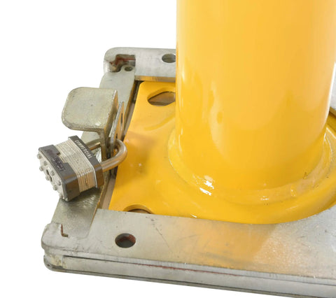 Close-up of the Heavy Duty Removable Steel Pipe Safety Bollard 42 Inch Tall with locking mechanism and safety yellow coating.