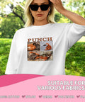 Woman in sunglasses wearing t-shirt with baby monkey design from Dope Monkey Team DTF Transfers Pack For DIY Tees.