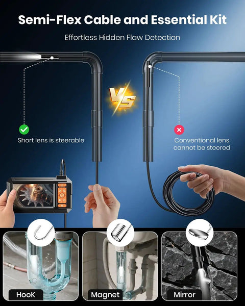 Lighted Camera For Tight Inspections With 4.3 Inch IPS Screen Borescope Visual Inspection Tool Delivers Real Time 1080p HD Video 180 Degree Rotation Contrast Adjust Easy Access In Narrow Spaces, handheld screen and cable