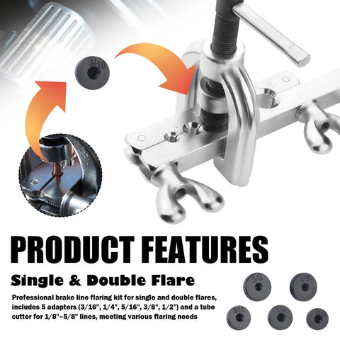Close-up of a flaring tool from 25ft Brake Line Kit With One Quarter Inch And Three Sixteenths Inch Lines Flare Tool Set.