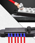Bulletproof 12V 150A Bus Bar With Secure Snap Terminals And Genuine Copper Core wiring connections with terminals and cables displayed.