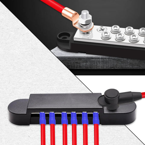 Bulletproof 12V 150A Bus Bar With Secure Snap Terminals And Genuine Copper Core wiring connections with terminals and cables displayed.