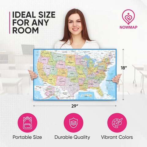 Person holding USA map from Two Pack World And USA Map Poster Set Laminated 18x29 Inch Wall Charts With Matte No Glare Finish And Adhesive Stickers
