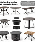 Umbrella Hole Ring Plug Cap Set For Outdoor Patio Tables Thick Parasol Hole Cover Insert Weatherproof Black Ring And Cap Kit displayed with various tables