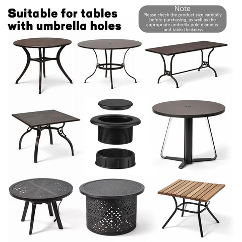 Umbrella Hole Ring Plug Cap Set For Outdoor Patio Tables Thick Parasol Hole Cover Insert Weatherproof Black Ring And Cap Kit displayed with various tables