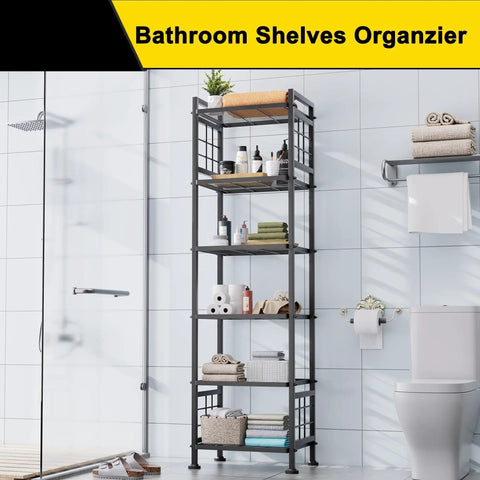 Six Wire Standing Storage Shelf For Bathroom And Laundry Room, Metal Shelving Unit Pantry Rack For Kitchen And More, Black Finish