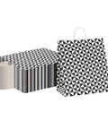 Vogue Tear-Resistant White Gift Bags With Built-In Handles, 100 Count, paper retail bags with black print, food safe, recyclable.