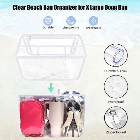 6 Piece Waterproof Beach Bag Organizer Kit For XL Totes Includes Clear Divider Phone Holder Hooks And Carabiners Keeps Sunscreen Hats And Umbrellas Neatly Stored, showing clear organizer filled with beach essentials.