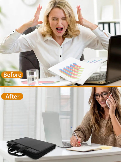 Before and after using Beefed Up Fireproof Document Organizer Folio With 13 Pockets Zippered Accordion File Box for home office
