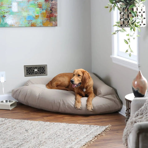 Quiet Register Booster Fan For Home HVAC, 4x10 Inch, Grey, 120 CFM, 4 Speeds, in a cozy living room setting with a dog.