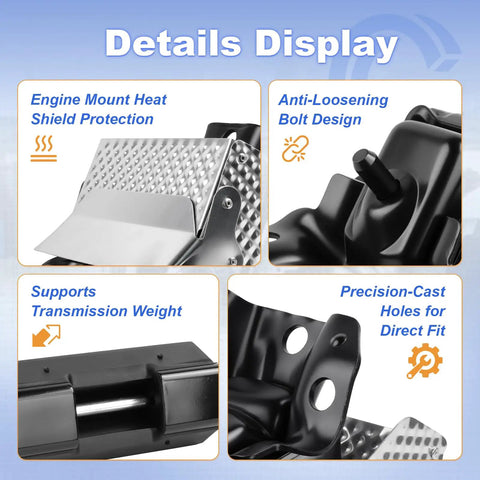 Details display of Heavy Duty Engine Motor Mount Replacement Set For Chevy Gmc Cadillac 3 Pack Part 15854939 with heat shield and bolt design.
