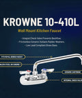Heavy Duty Wall Mount Kitchen Faucet With A 10 Inch Swing Spout And 4 Inch Center Mount, chrome finish, product features listed.