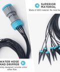 Automatic Drip Irrigation Kit With 10 Drip Emitters And 52 Foot Tubing for Garden Watering system showing emitters and tubing.