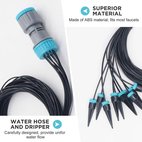 Automatic Drip Irrigation Kit With 10 Drip Emitters And 52 Foot Tubing for Garden Watering system showing emitters and tubing.