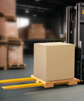 BestEquip forklift extensions, 96-inch long, 5.5-inch wide steel forks (pair) in yellow on a wooden pallet