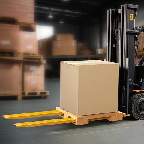 BestEquip forklift extensions, 96-inch long, 5.5-inch wide steel forks (pair) in yellow on a wooden pallet