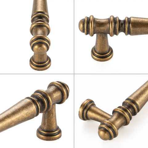 Close-up of 30 Pack 3 Inch Antique Brass Cabinet Pulls Set for Kitchen Cabinets, Drawers, Dressers and Cupboards, vintage brass handles.