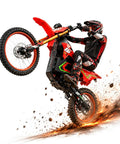 Rider on HAPPYRUN F18 Electric Dirt Bike Mid-Drive Motor 6000W Peak, performing a wheelie with dirt trail and full suspension visible