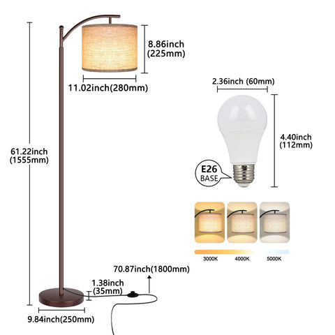 Diagram of Tall Industrial Floor Lamp With LED Bulb 9W 800 Lumens Three Color Temperature 2700K 4000K 5000K, beige lampshade