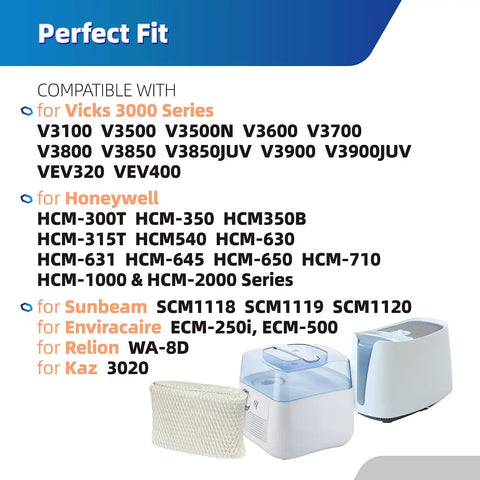 WF2 Compatible Humidifier Filter Replacement 2 Pack For Starry Night And Kaz Models V3500N V3700 V3100 V3900 VEV400 PWF2 Wicking Filters Fits Protec Humidifiers, shown with compatible models list and humidifier device.