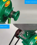 Close-up of Powerful 1500W Wet And Dry Grain Grinder with thickness adjustment knob and feeding valve for home and small biz use.