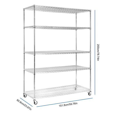 Beefy 5 Tier Wire Shelving Unit With Brake Wheels And Waterproof Colorful Shelf Liners Heavy Duty Storage Rack holds up to 1500 lbs