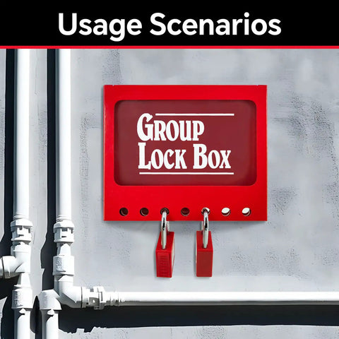 Portable Lockout Tagout Lock Box Kit With Clear Sliding Window Key Pegs ID Labels And Easy Access Padlock Storage For Lock Out Tag Out Stations Red 1 Pack mounted on wall