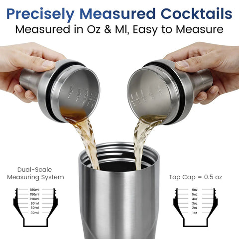 Boss Level Heavy Duty Double Wall Vacuum Insulated Cocktail Shaker Bottle Chills Your Favorite Sips Fast Features measuring cocktail ingredients from a stainless steel shaker.