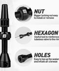 Ultra Lightweight Tubeless Presta Valve Stem Kit For Bikes With 40/44/55/60/65/80/100mm Lengths, Anodized Aluminum shown with nut, hexagon, and holes descriptions.