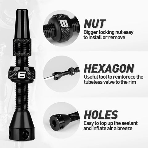 Ultra Lightweight Tubeless Presta Valve Stem Kit For Bikes With 40/44/55/60/65/80/100mm Lengths, Anodized Aluminum shown with nut, hexagon, and holes descriptions.