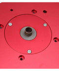Solid As A Rock Aluminum Router Table Insert Plate Featuring Bullseye Center Bore For Rapid Wood Milling Snap In Guide Table Swap close-up showing center bore and mounting holes.