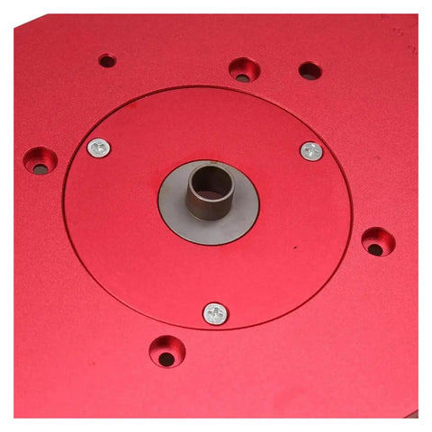 Solid As A Rock Aluminum Router Table Insert Plate Featuring Bullseye Center Bore For Rapid Wood Milling Snap In Guide Table Swap close-up showing center bore and mounting holes.