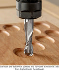 Top Shelf 1/2 Inch Shank Solid Carbide Spiral Cove Nose Router Bit Set features a cove bit in wood, designed for smooth cuts.