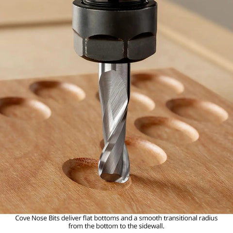 Top Shelf 1/2 Inch Shank Solid Carbide Spiral Cove Nose Router Bit Set features a cove bit in wood, designed for smooth cuts.