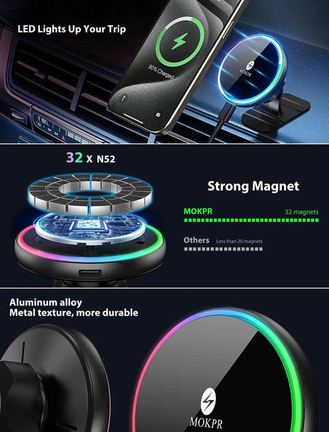MagSafe Wireless Car Charger Mount With RGB LED Magnetic Phone Holder for Dash or Air Vent 15W Fast Charge Hands Free