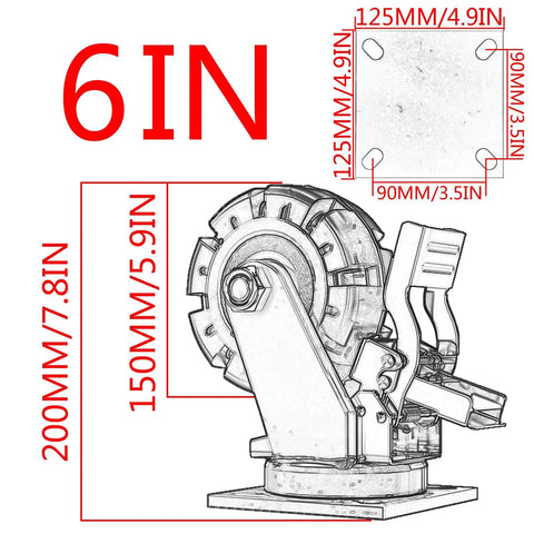 Heavy Duty 6 Inch Rubber Swivel Casters With Brakes Set Of 4 Industrial Wheels with detailed dimensions and design.