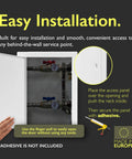 Heavy Duty Metal Wall Access Panel With Slick White Finish Flows Right Over 10 By 16 Inch Drywall Cutouts shown open for easy installation.