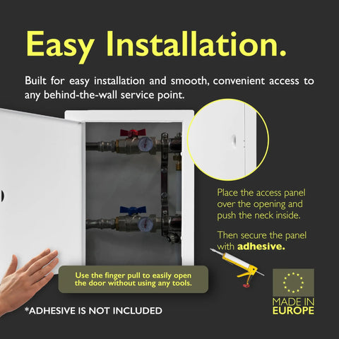 Heavy Duty Metal Wall Access Panel With Slick White Finish Flows Right Over 10 By 16 Inch Drywall Cutouts shown open for easy installation.