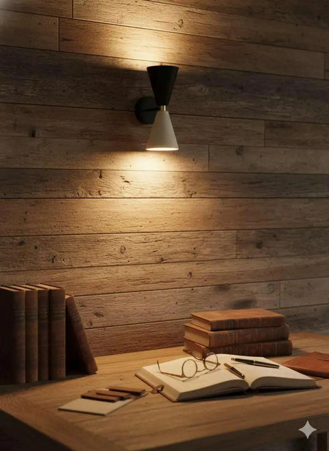 Mid-Century Two-Tone Cone Wall Sconce Light - Black & White Dual Funnel Wall Mounted Lamp with Gold Accent Ring - Up and Down Wall Lighting Fixture for Living Room & Bedroom illuminating a desk with books.