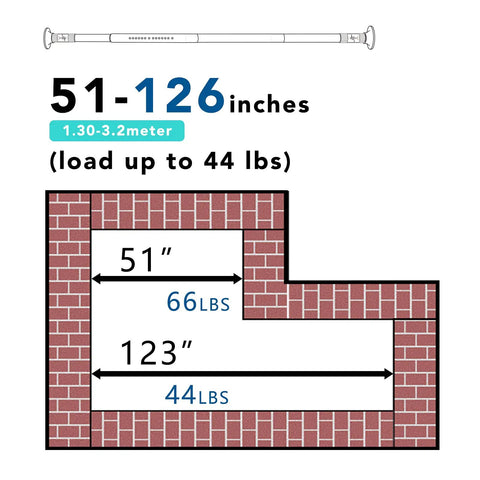Diagram of tension curtain rod for shower and window adjustable from 51 to 126 inches no drilling no tools required 1.26 inch diameter.