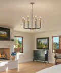 Industrial Eight Light Farmhouse Chandelier With Rustic Iron Candle Pendants in living room, height adjustable fixture