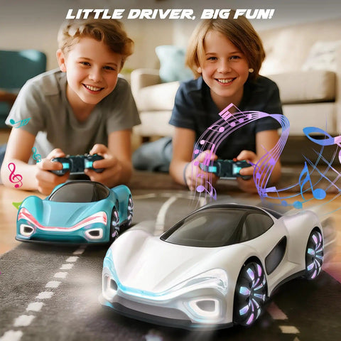 Two children playing with gesture sensing remote control cars indoors on a wooden floor, featuring LED lights and controllers.