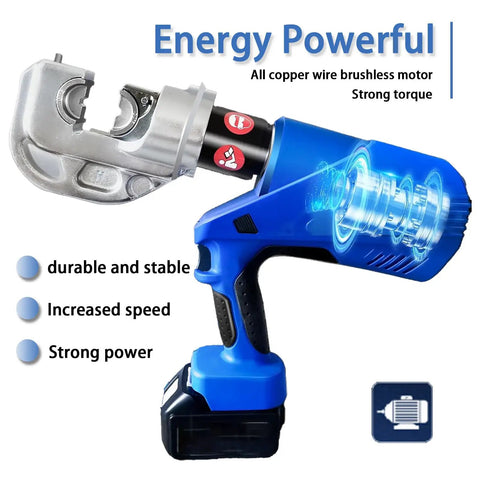 Bad Boy Cordless Hydraulic Crimping Tool With 4Ah Rechargeable Battery showing 360 swivel jaw and battery-powered design.