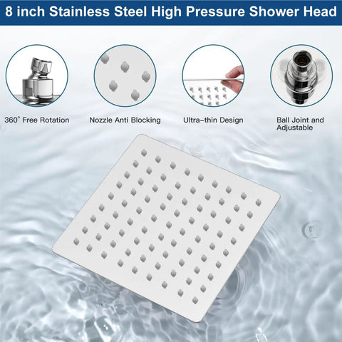 Polished Chrome Rain Shower System With 8-Inch Square Rain Shower Head, Wall-Mount Design, detailed features view