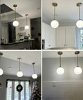 Four images showing Two Pack Brushed Gold Globe Pendant Lights With Mid Century Modern Vibes And Smooth Opal Glass Shades hanging in various indoor settings.
