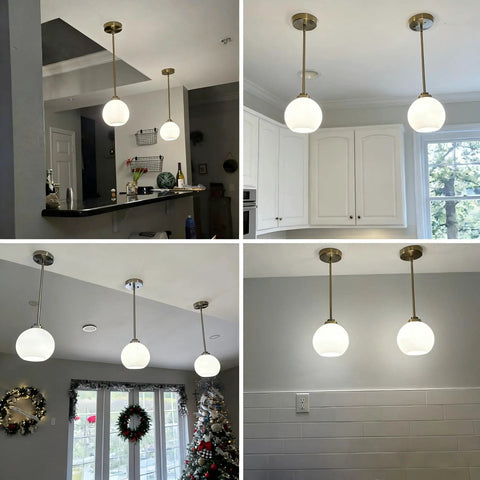 Four images showing Two Pack Brushed Gold Globe Pendant Lights With Mid Century Modern Vibes And Smooth Opal Glass Shades hanging in various indoor settings.