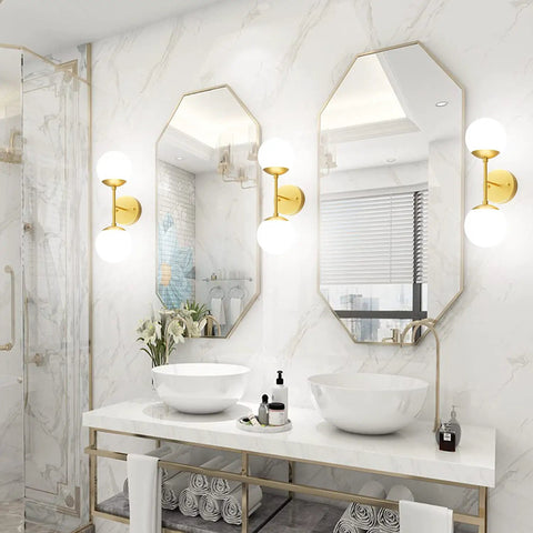 Bathroom with gold globe wall sconce with two lights, mid century modern globe wall light for living room bedroom hallway restaurant stairs and bathroom, 6000K G9 bulbs included