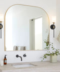 Industrial Mid Century Wall Sconce Set Of 2 With White Cylinder Glass Shades for modern bathroom vanity in matte black and brass finish