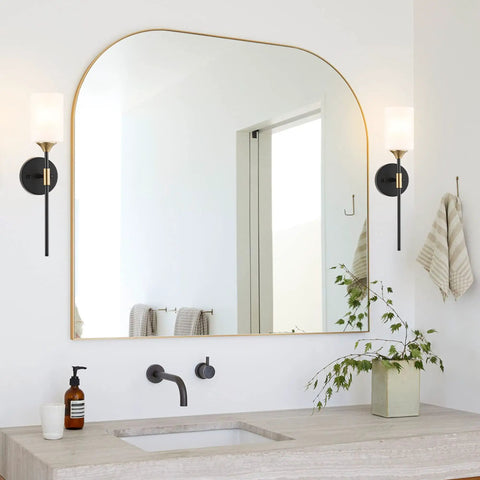 Industrial Mid Century Wall Sconce Set Of 2 With White Cylinder Glass Shades for modern bathroom vanity in matte black and brass finish