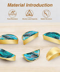 2 Pack Teal Fluid Art Cabinet Pulls With Gold Dust displayed in various angles on wood surface, showing semicircle gold edges